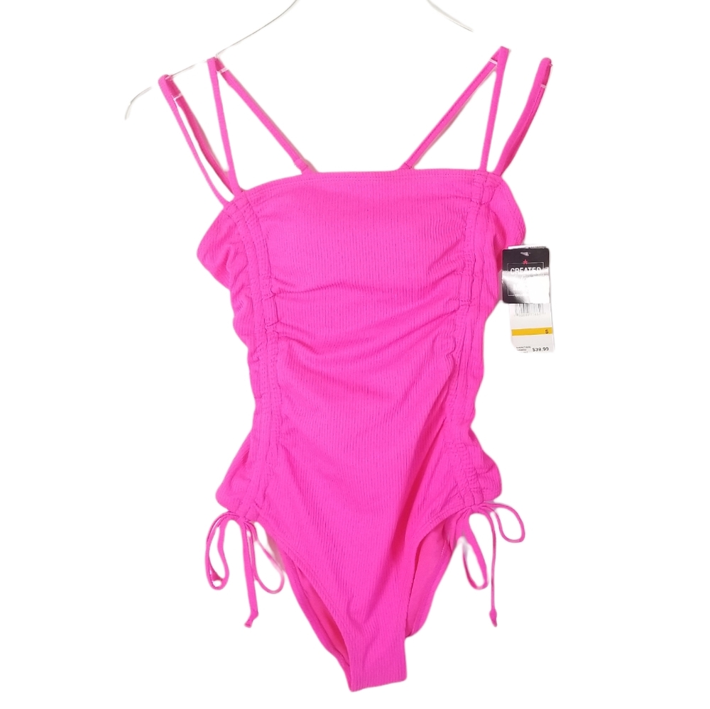CALIFORNIA WAVES Neon Pink Ribbed One Piece Swimsuit Size S Beach Swim Cruise
